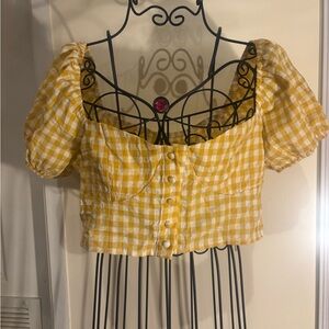 SHEIN Yellow Checkered Puff Sleeve Blouse